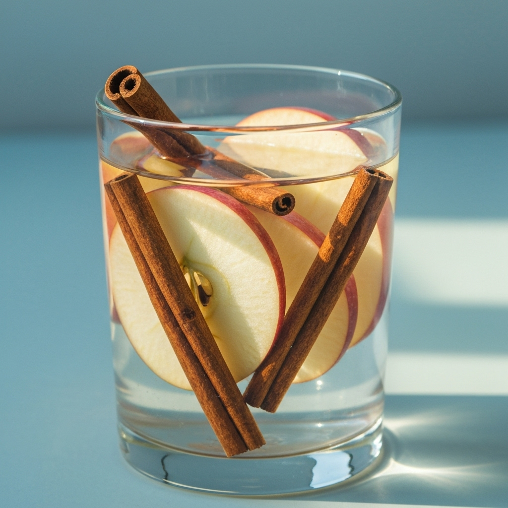 Apple Cinnamon Spice infused water with fresh fruits and herbs in clear glass pitcher
