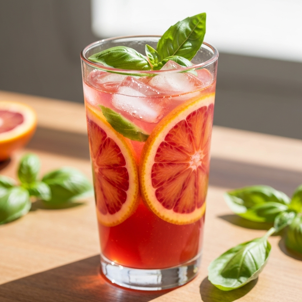 Blood Orange Basil Smash craft mocktail with fresh herbs and premium mixology presentation
