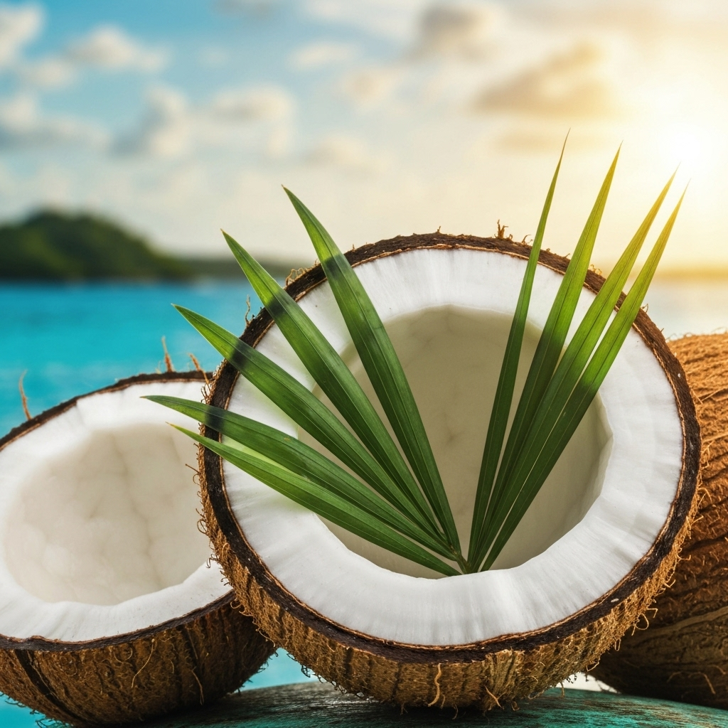 Fresh coconut half with tropical palm leaves for exotic mocktail ingredients