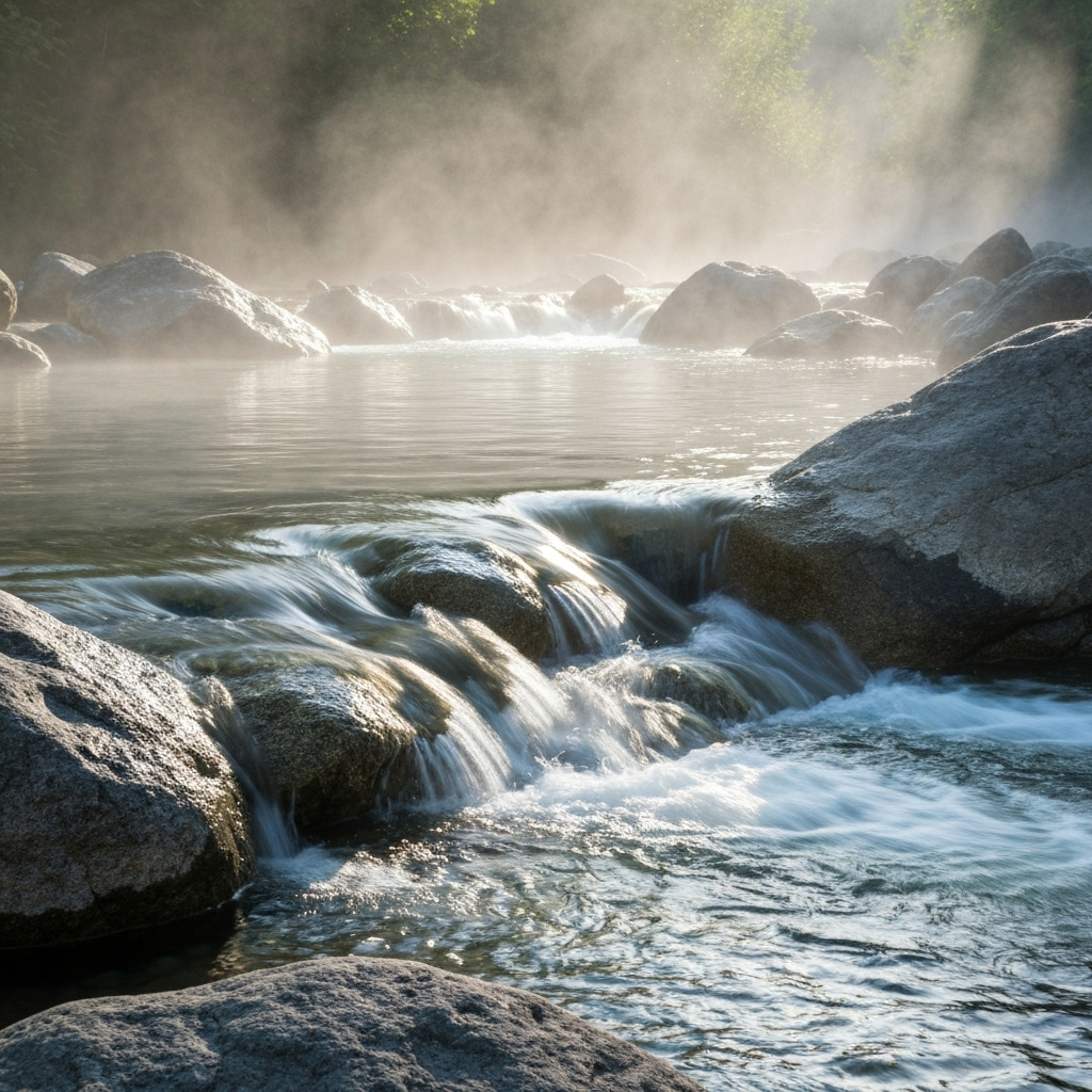 Crystal clear mountain spring water flowing over natural rocks with pure refreshing quality