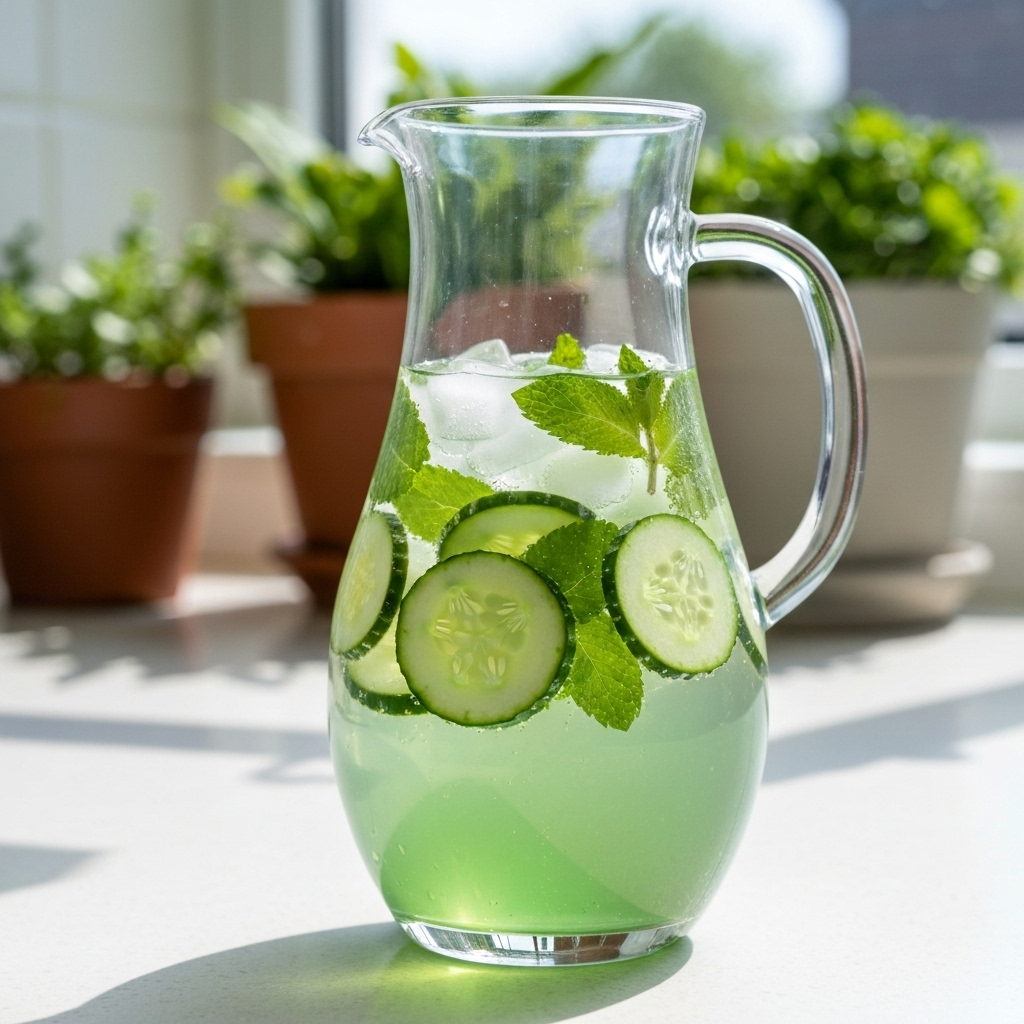 Cucumber Mint Detox infused water with fresh fruits and herbs in clear glass pitcher