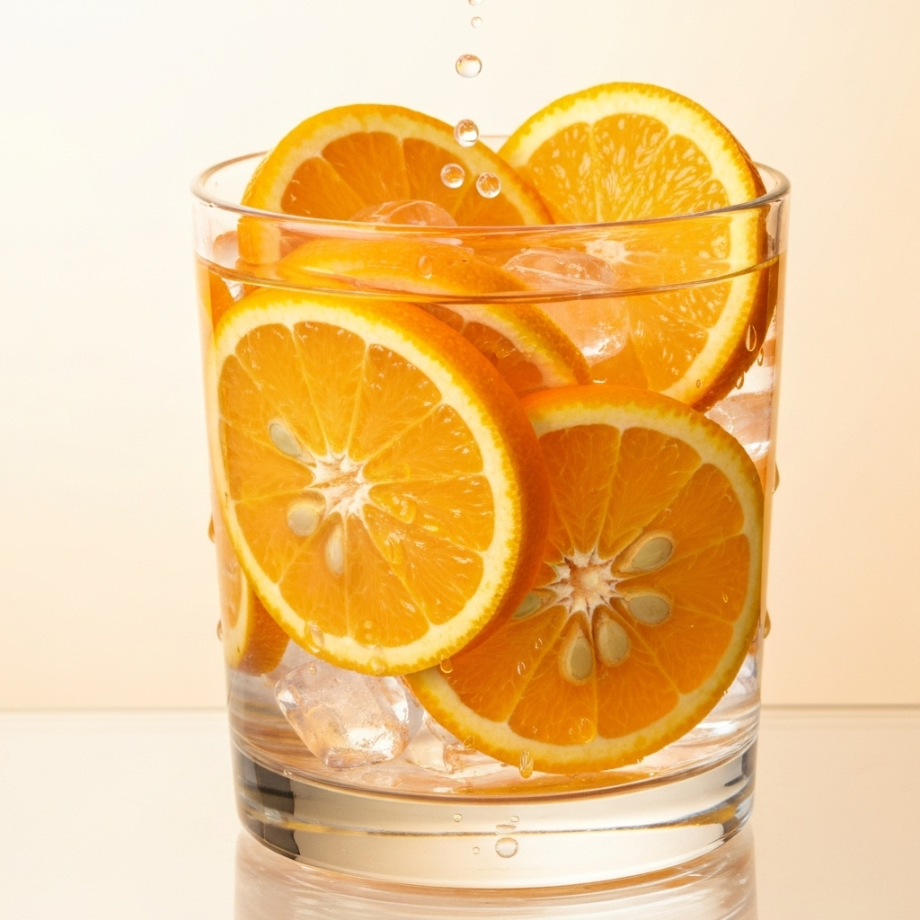 Fresh orange slices floating in ice water with refreshing bubbles for citrus mocktail preparation