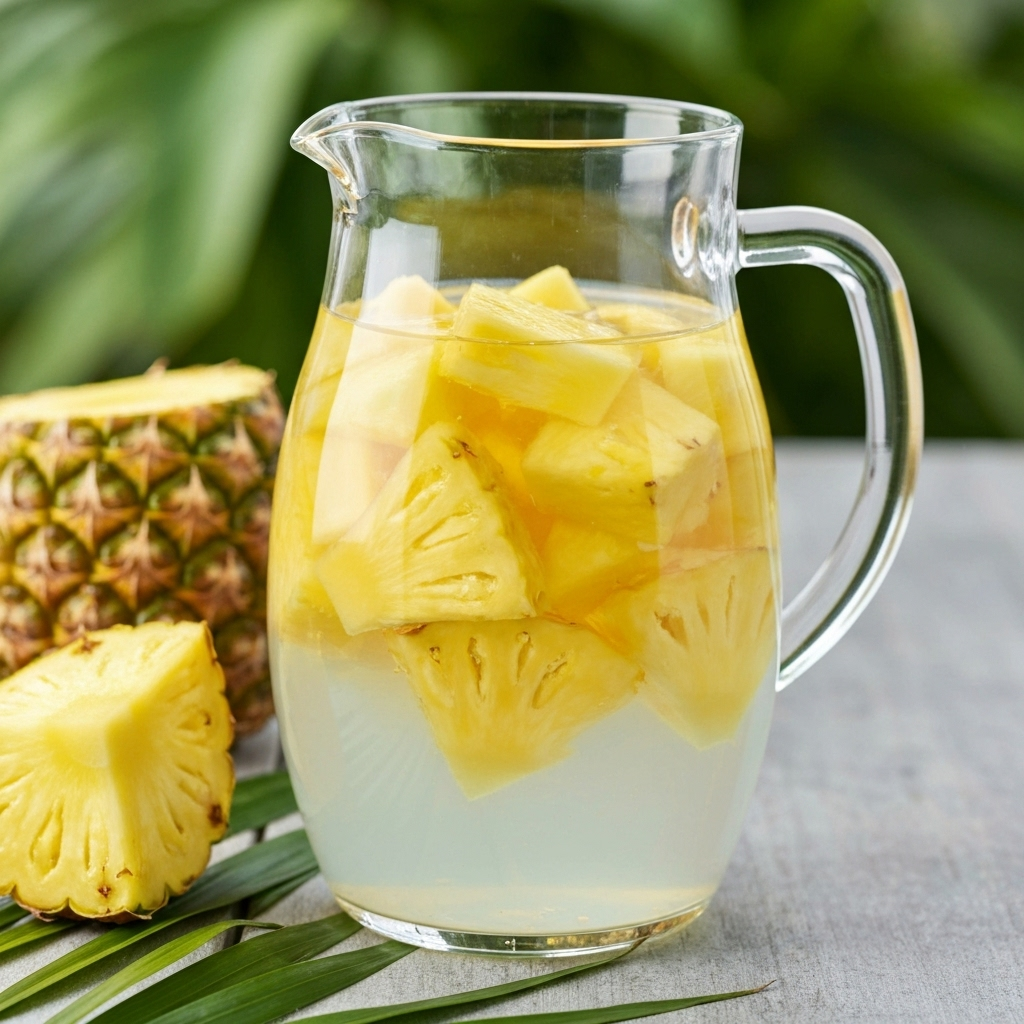 Fresh pineapple chunks floating in coconut water for tropical mocktail ingredients
