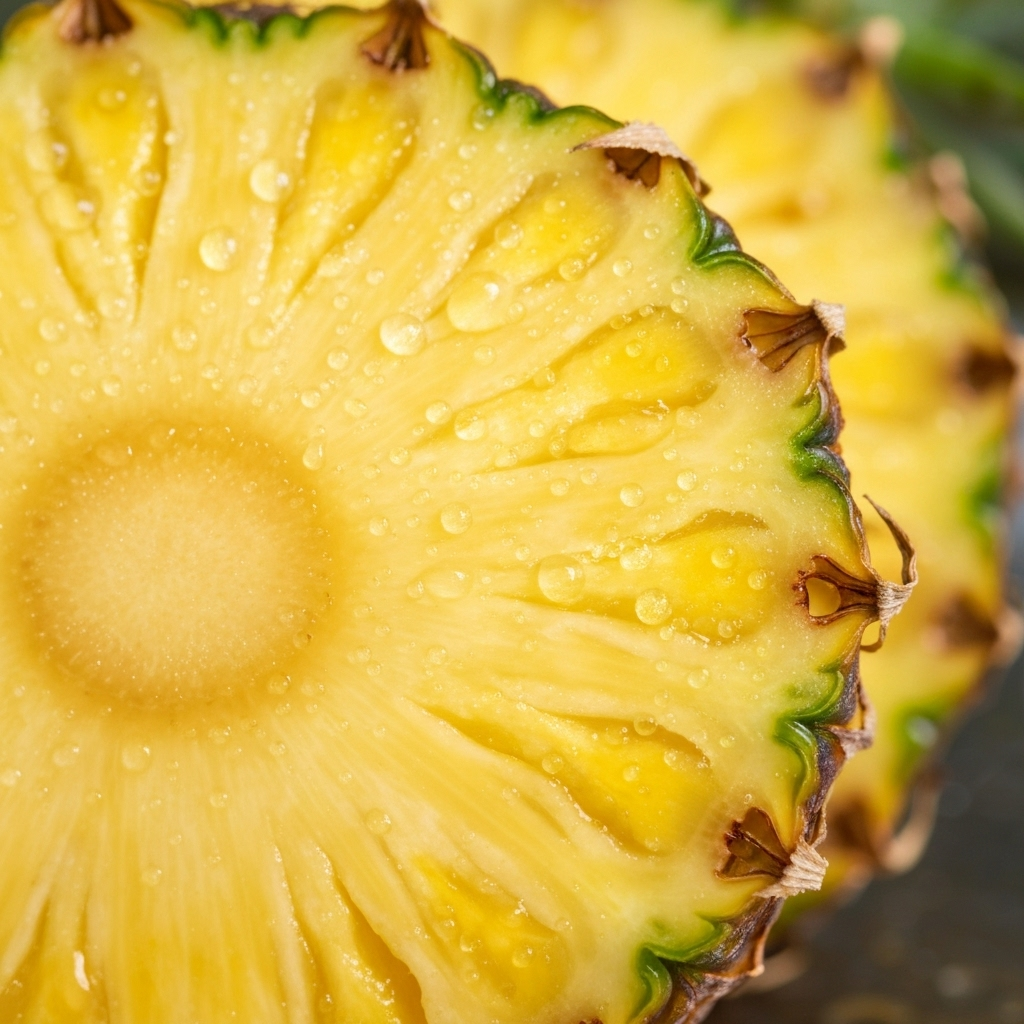 Fresh pineapple slice with sparkling water droplets for tropical mocktail garnish