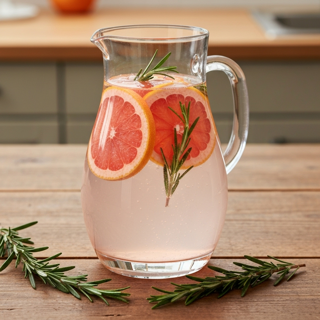 Grapefruit Rosemary Refresh infused water with fresh fruits and herbs in clear glass pitcher
