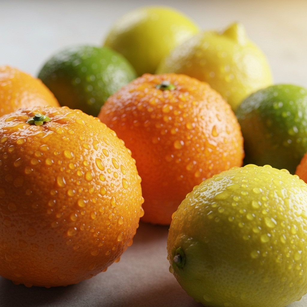 Misty water droplets on fresh citrus fruits including lime and orange for mocktail garnish