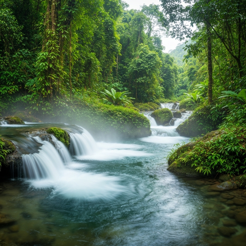 Natural mountain spring surrounded by tropical mist and lush vegetation for pure water source