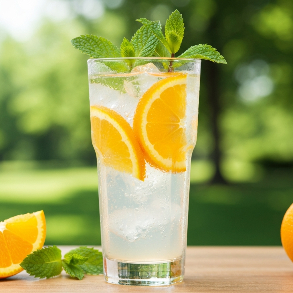 Orange Mint Cooler mocktail with fresh garnish and vibrant citrus colors in elegant glass