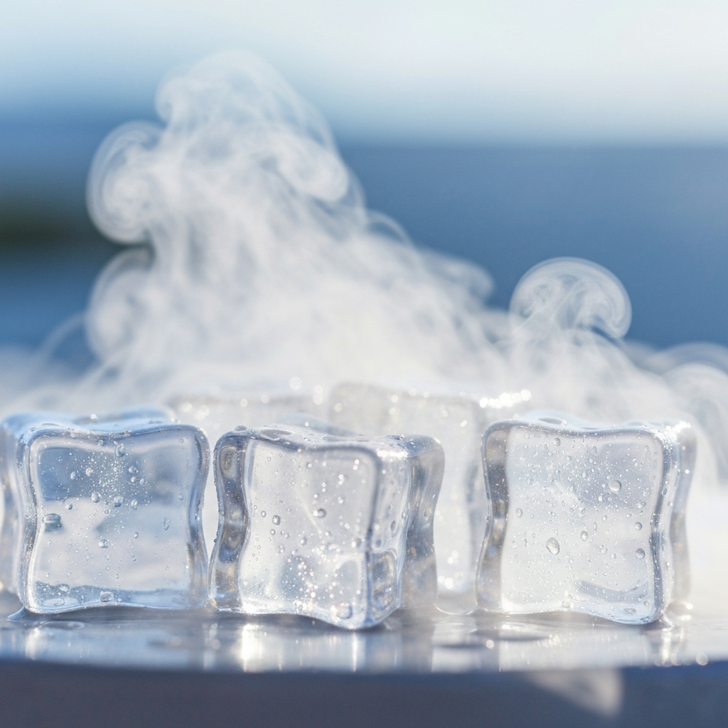 Refreshing ice cubes with natural spring mist for premium mocktail preparation and presentation