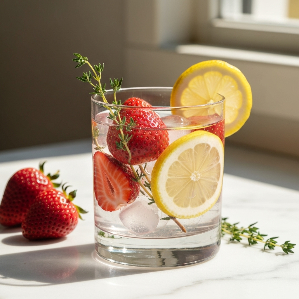 Strawberry Lemon Thyme infused water with fresh fruits and herbs in clear glass pitcher