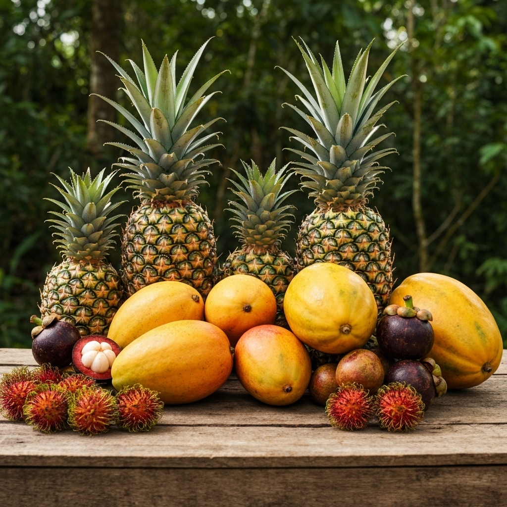 Vibrant tropical fruits including pineapple and mango arranged against lush jungle backdrop