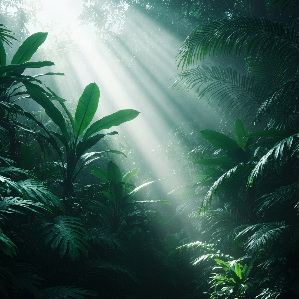 Lush tropical jungle leaves with refreshing mist for natural mocktail ambiance