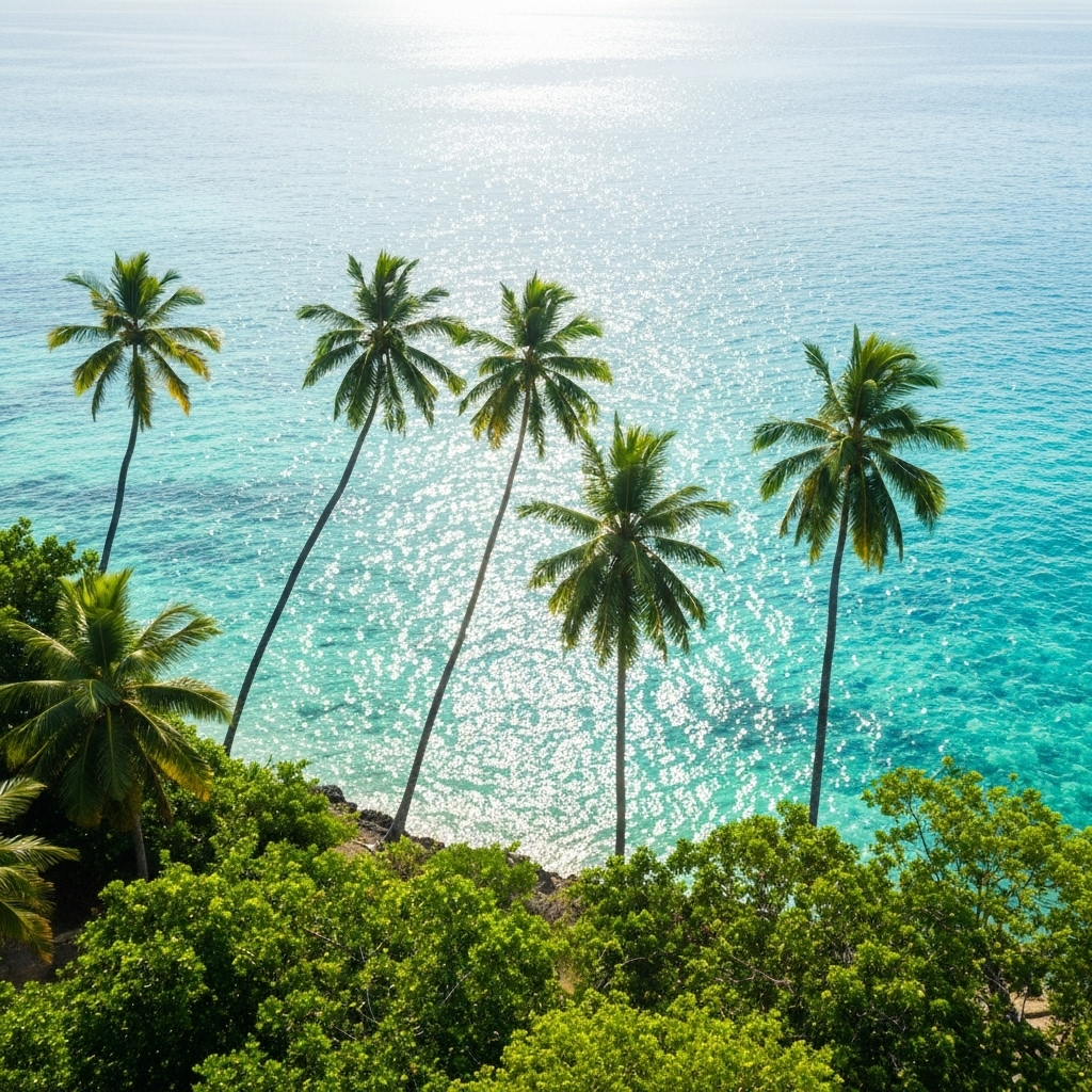 Tropical palm trees silhouetted against crystal clear spring water for natural wellness ambiance