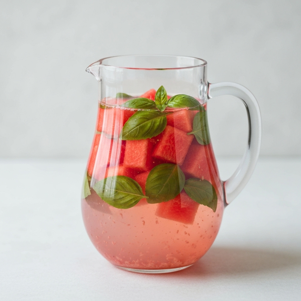 Watermelon Basil Cooler infused water with fresh fruits and herbs in clear glass pitcher